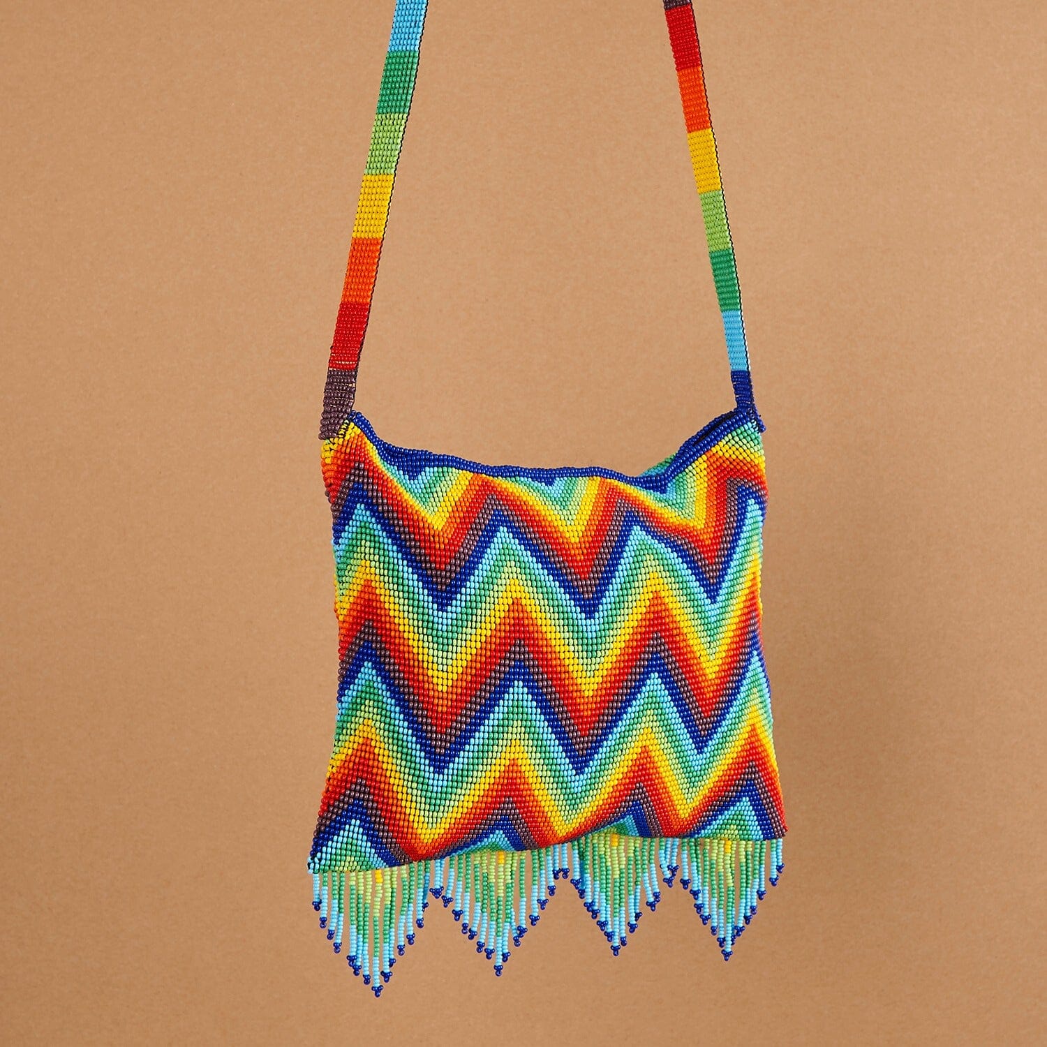high voltage rainbow red orange yellow green blue zigzag beaded purse bag fringe