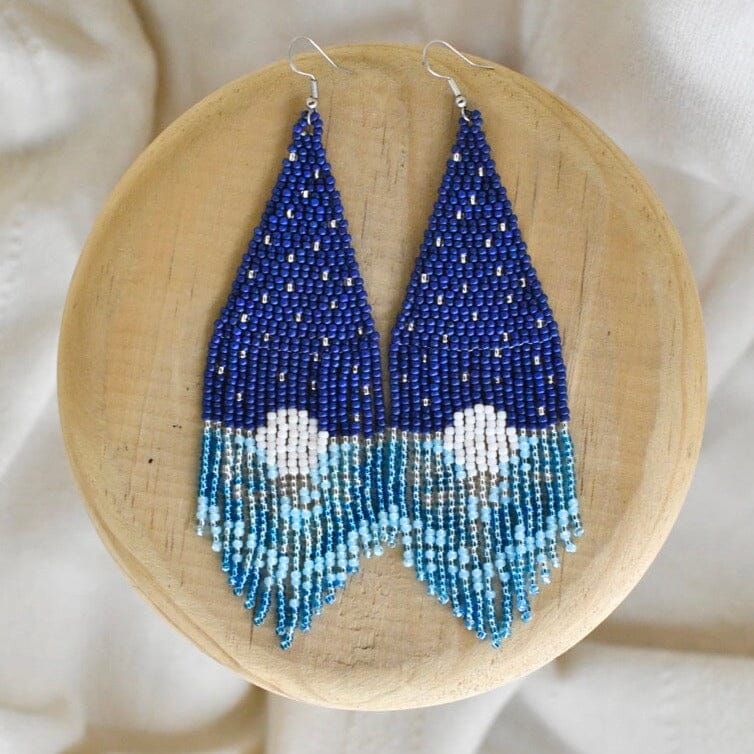 blue white stars and moon night sky interstellar fringe beaded earrings