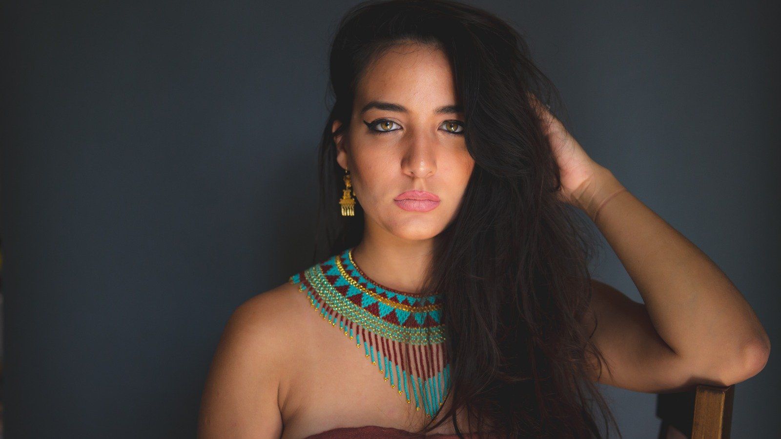 Woman Wearing Handmade Beaded Jade Choker Necklace Fringe Native American Jewelry