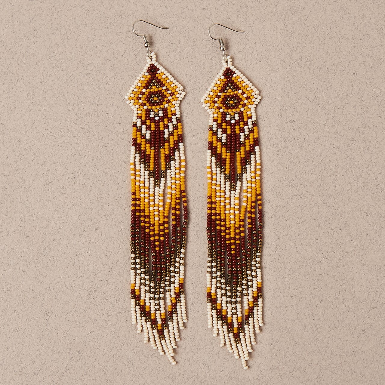 Sandy White Brown Yellow Fringe Handmade Beaded Earrings