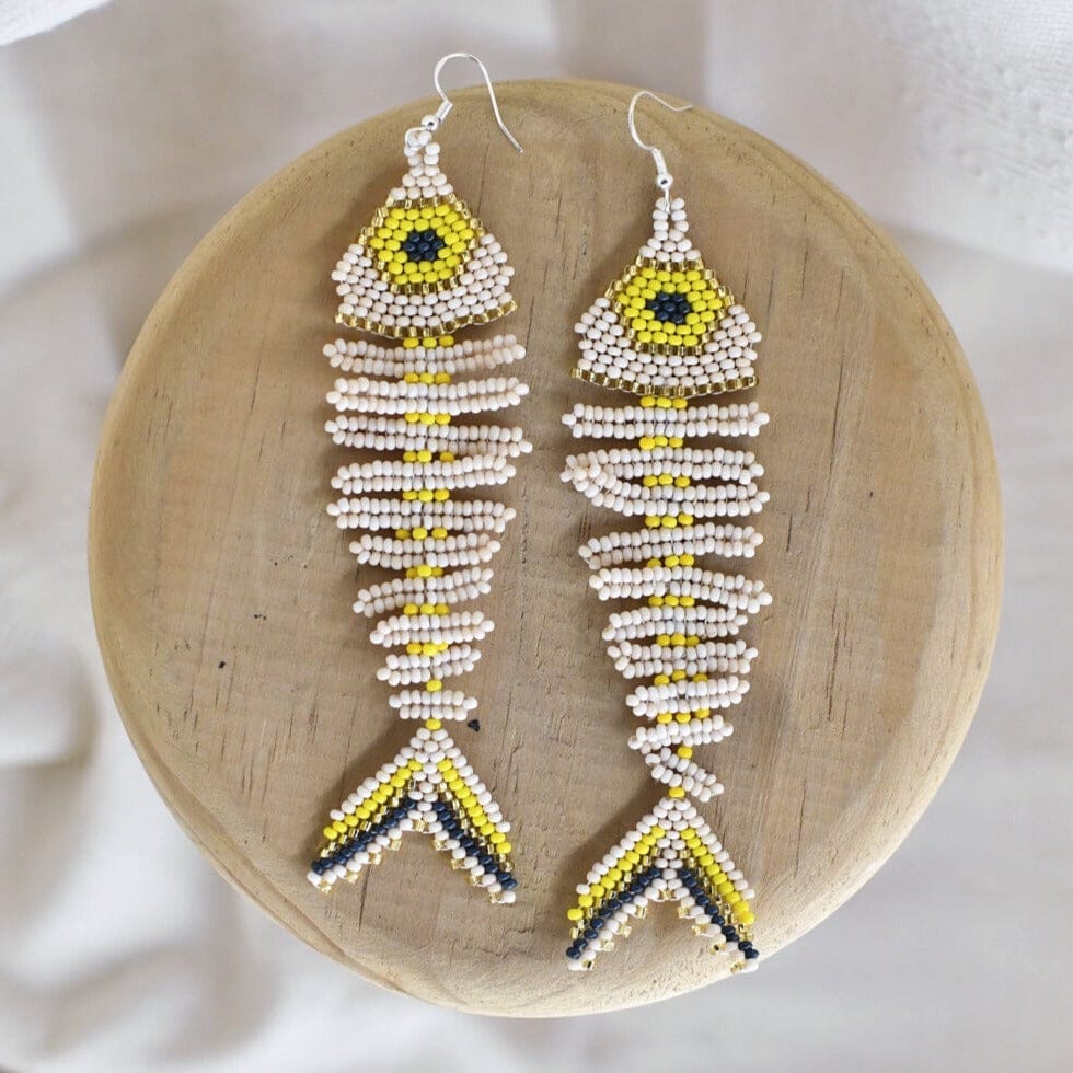 bone white yellow fish skeleton laguna beaded earrings