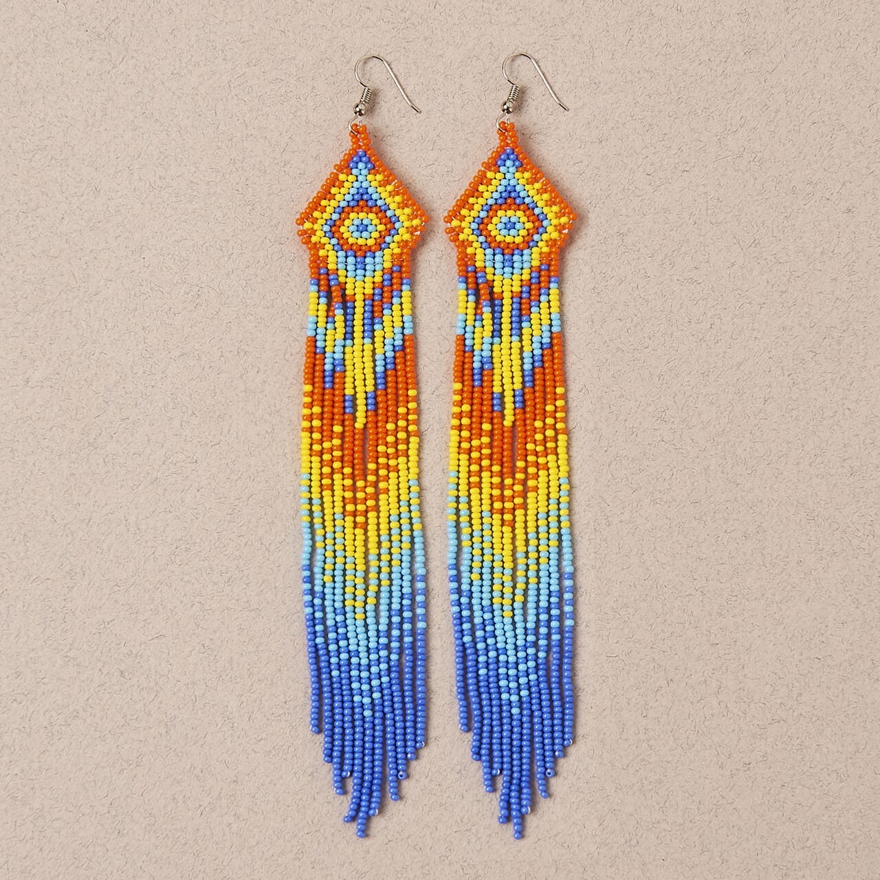 orange yellow light blue fringe beaded earrings