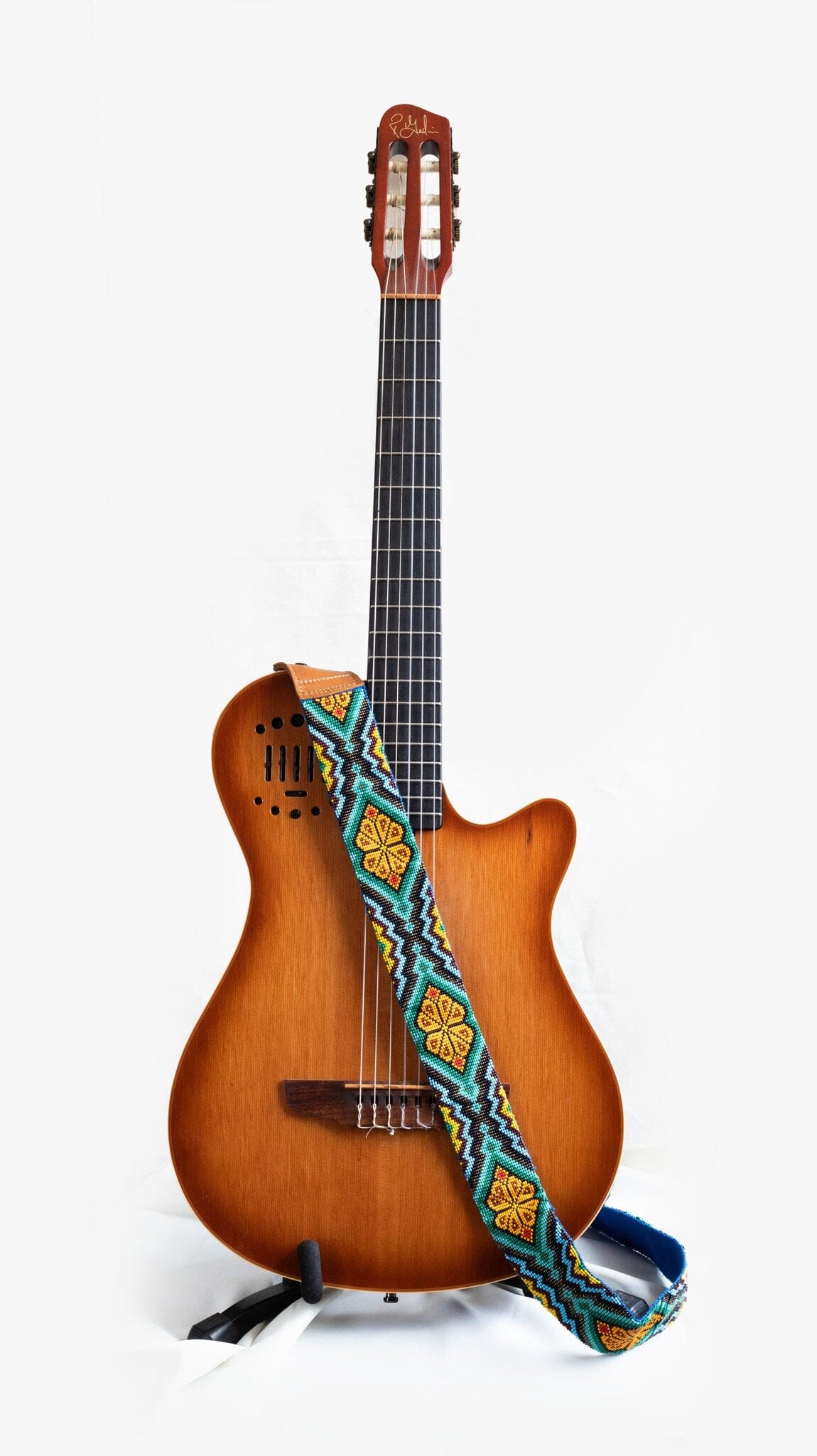 Marietta beaded Guitar Strap yellow orange green blue black adjustable leather on guitar