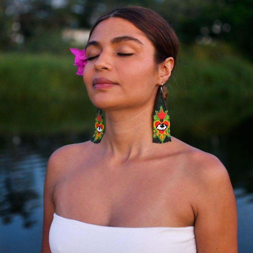 Fine Delicate Beaded Ear Accessory - Eye And Heart Miracle Fringe Beaded Earrings