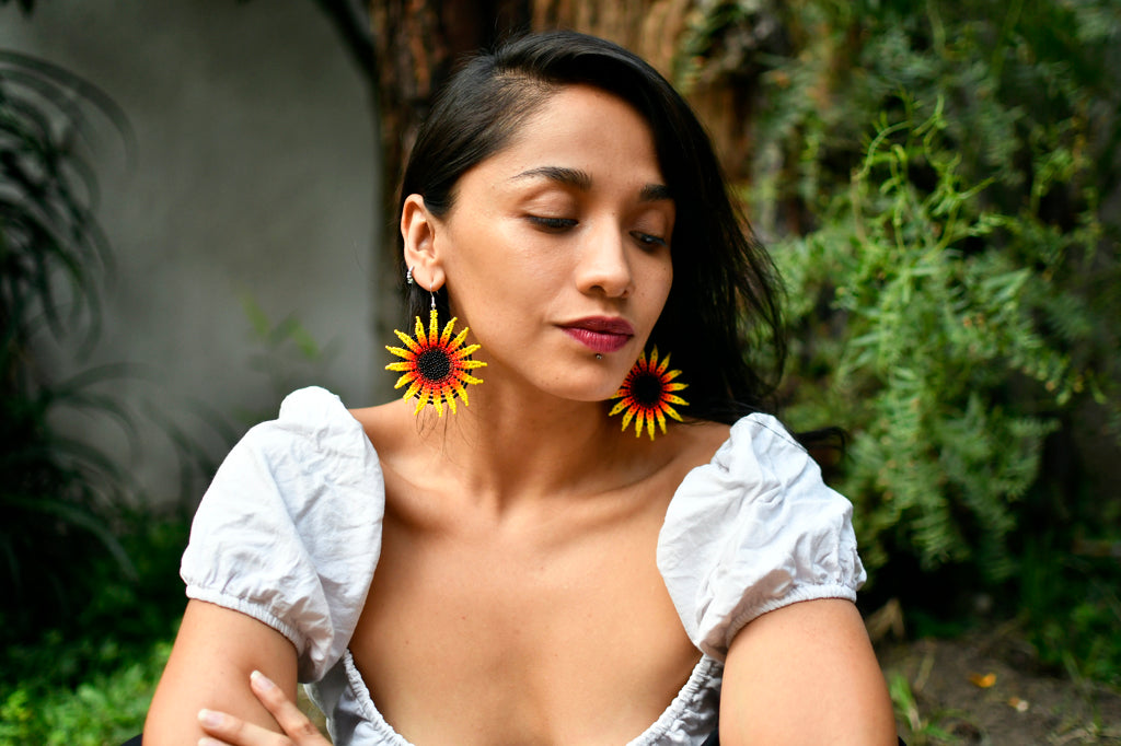 Handmade Delicate Bead Chandelier Earrings - Flower Blossom Round Beaded Earrings