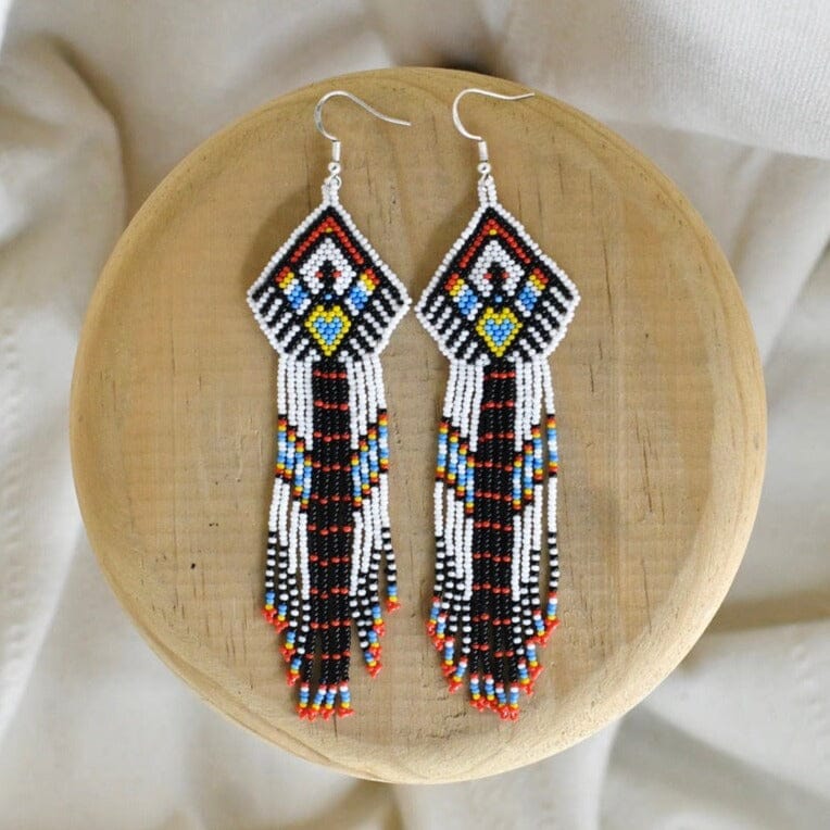 black white red yellow blue fringe beaded earrings