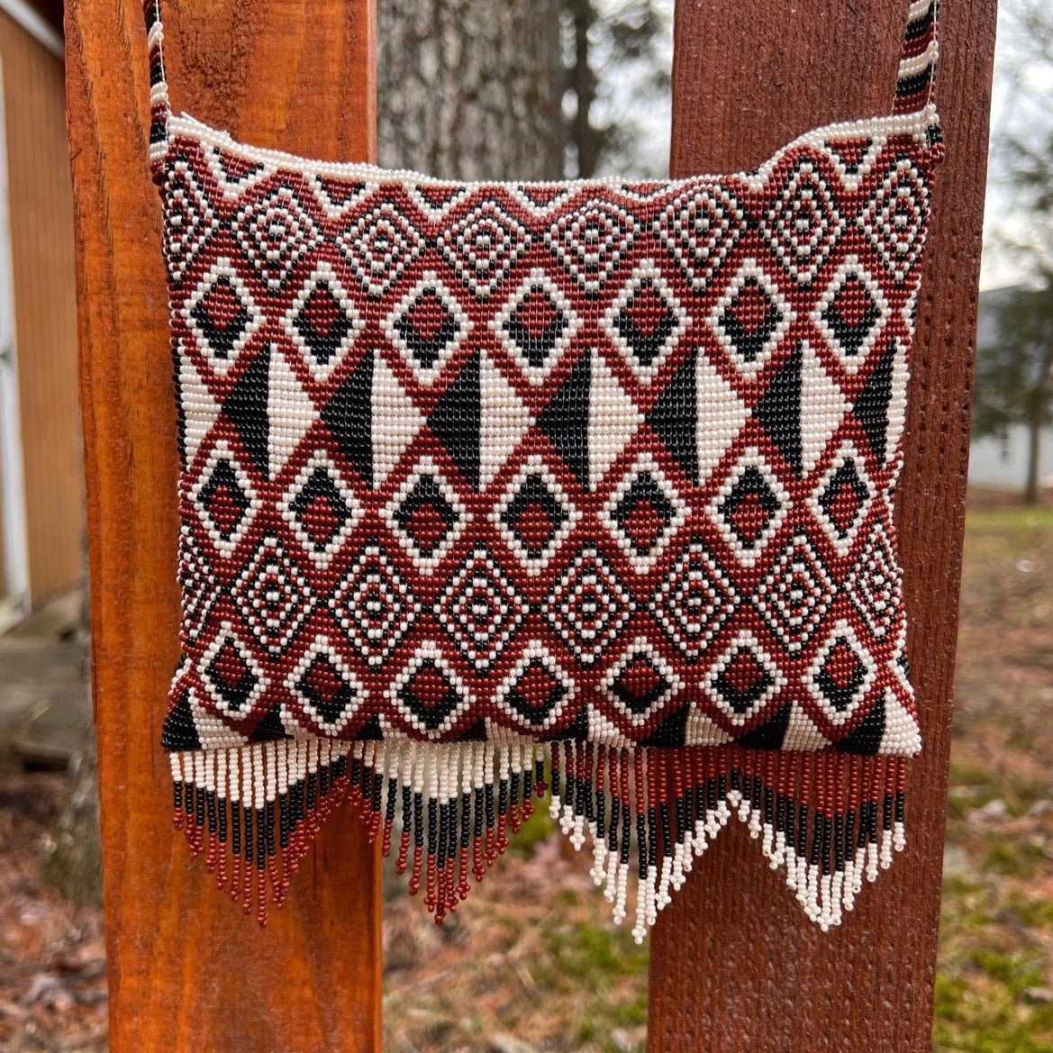 white black brown optical illusion beaded purse bag fringe