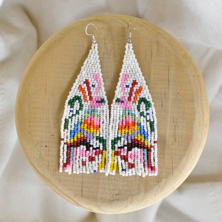 Otomí colorful bright tenango pink white fringe beaded earrings