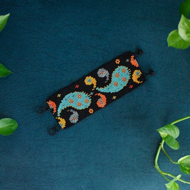 paisley pattern black blue yellow orange beaded bracelet cuff
