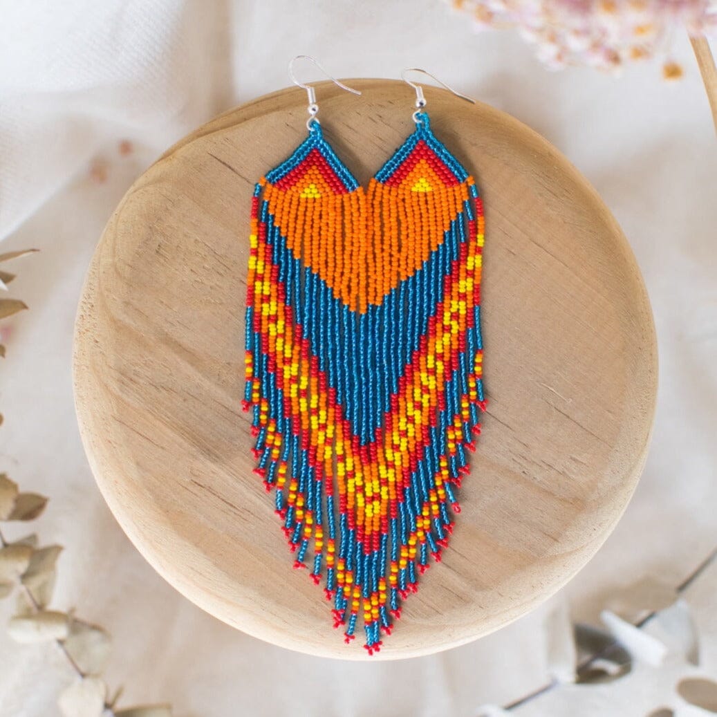 blue orange red yellow parrot tail micro fringe beaded earrings