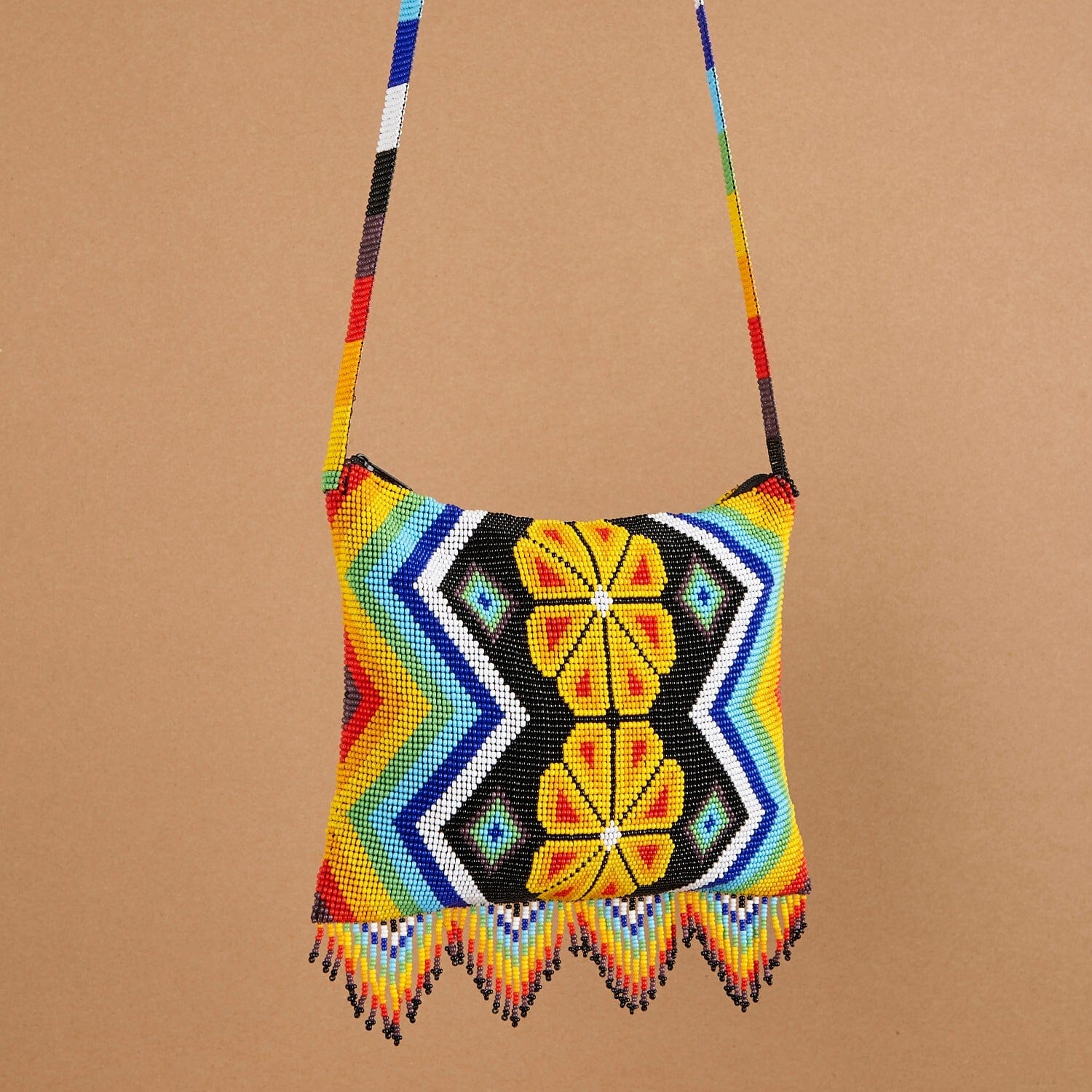 patula rainbow red orange yellow green blue black flower beaded purse bag fringe