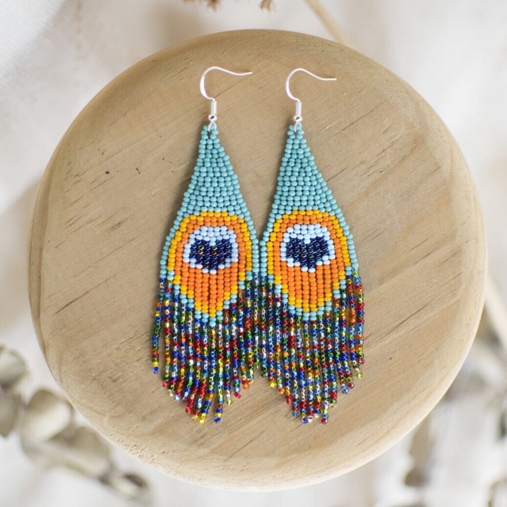 blue orange peacock feather fringe beaded earrings