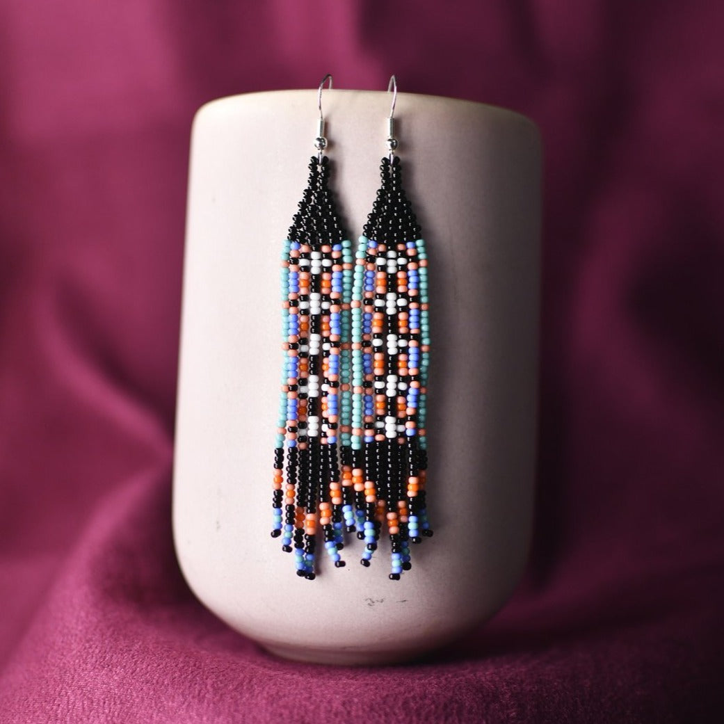 black pink light blue white dangle fringe beaded earrings