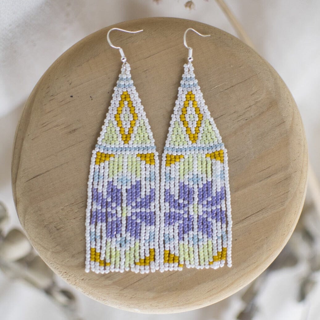 white gold light purple fringe beaded earrings