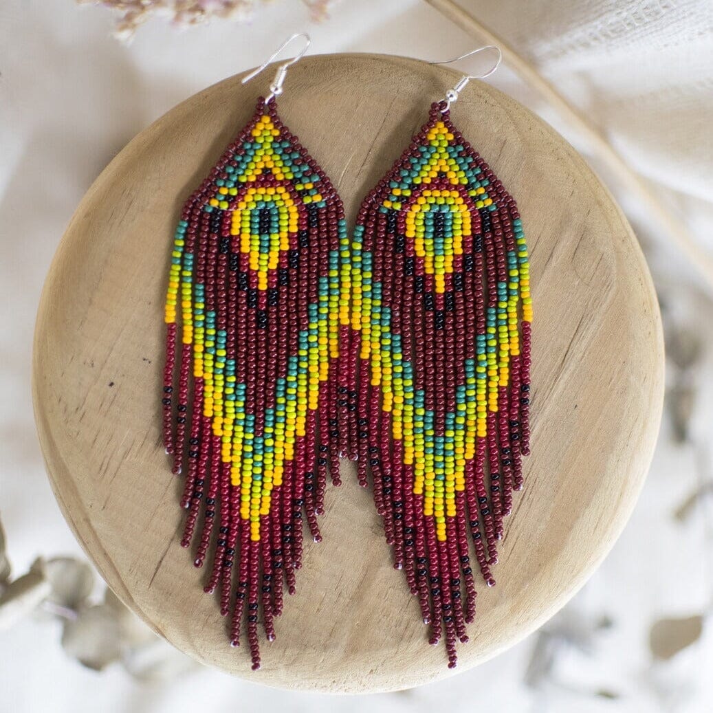 brown red green yellow rainforest fringe beaded earrings