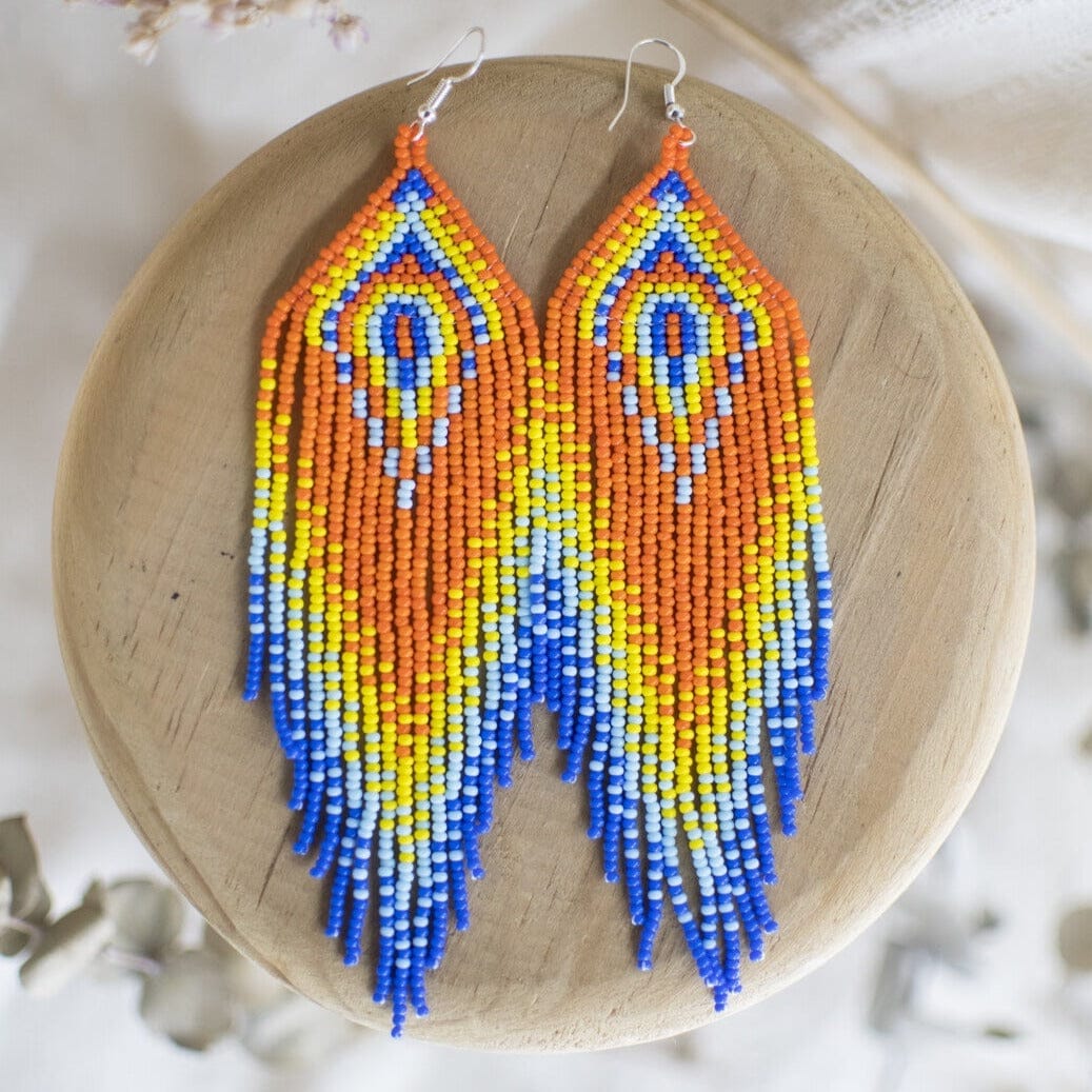 orange yellow light blue vibrant fringe beaded earrings