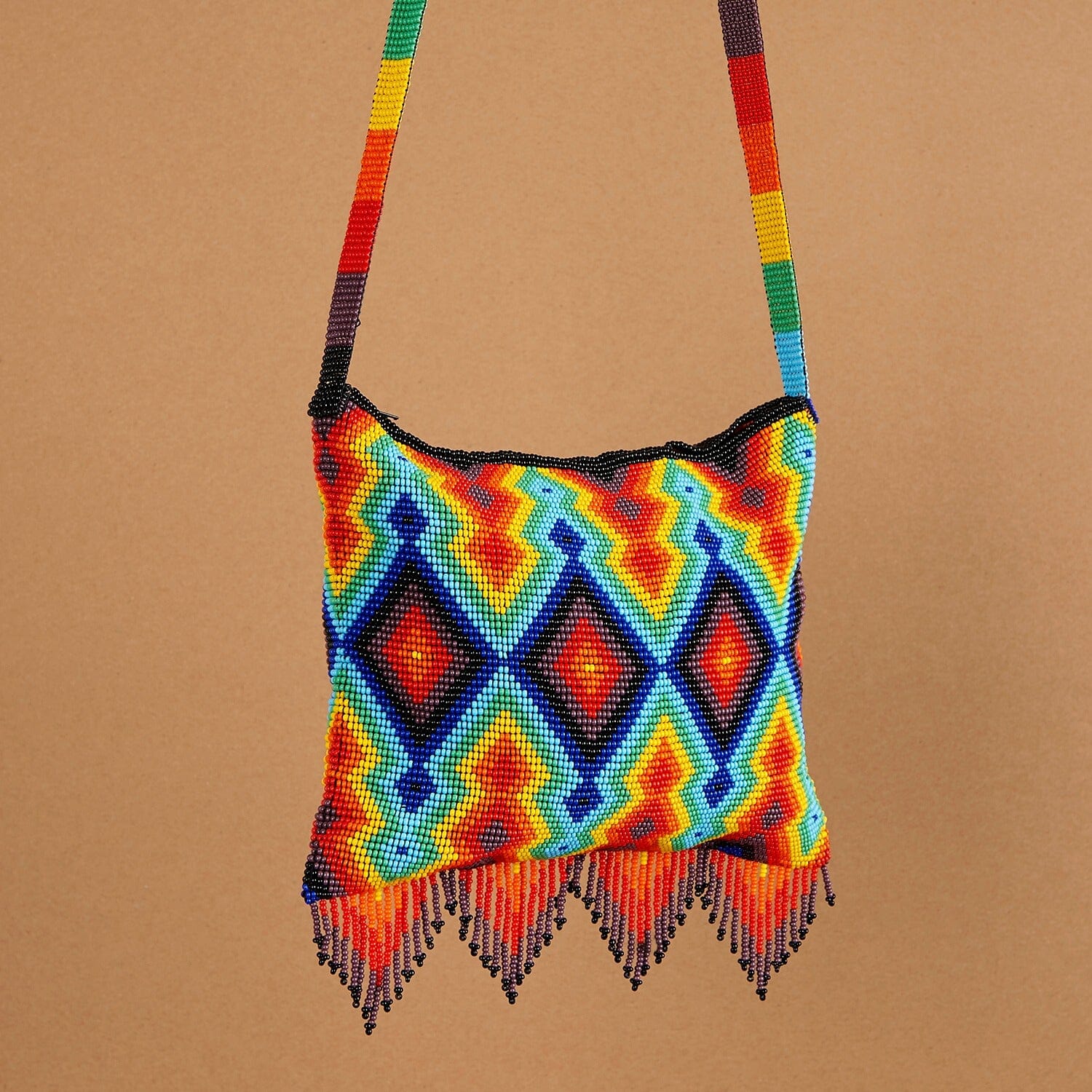 rainbow diamond red orange yellow green blue beaded purse bag fringe