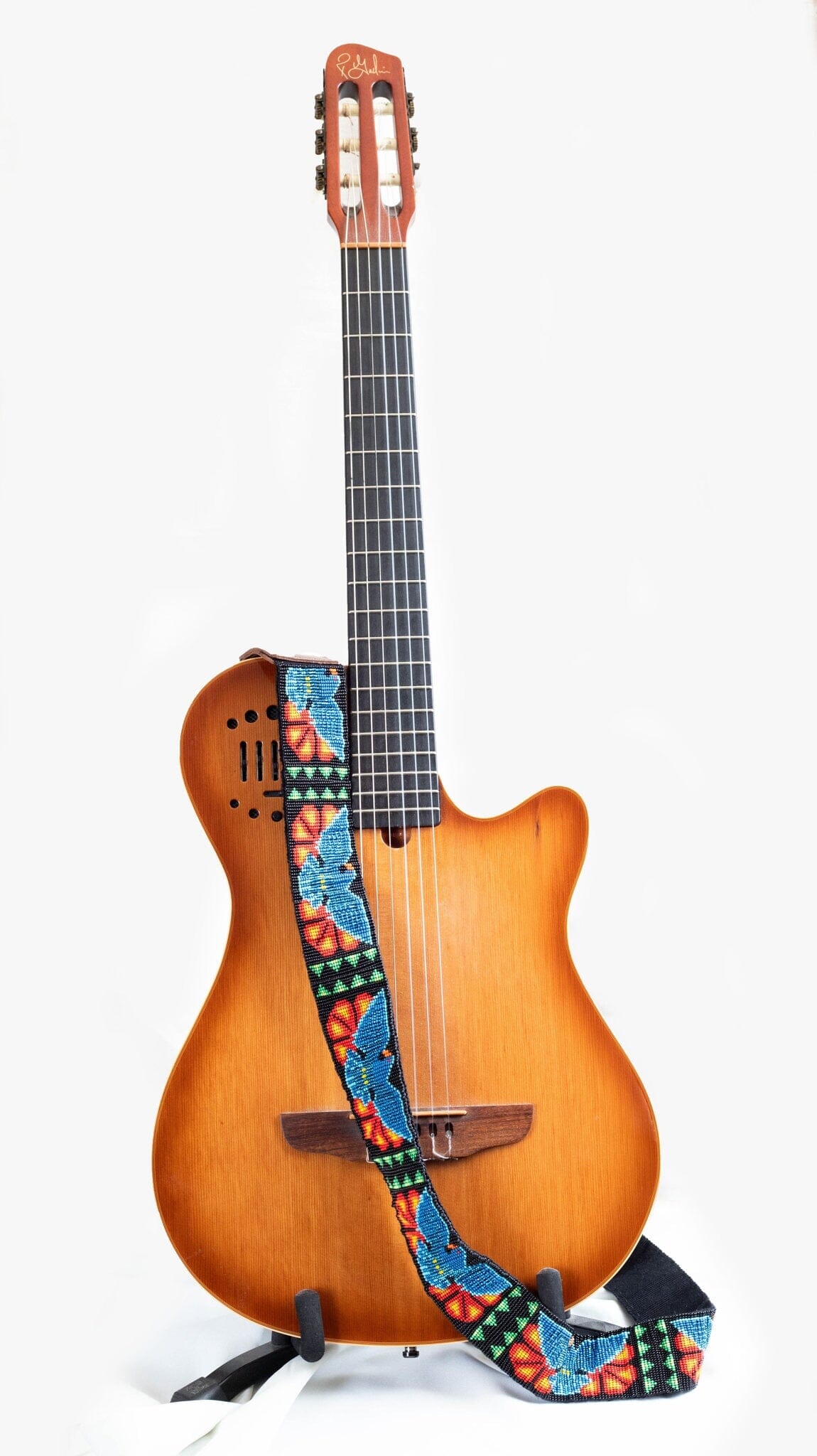 Rising Glory blue dove beaded Guitar Strap black red yellow green adjustable leather on guitar