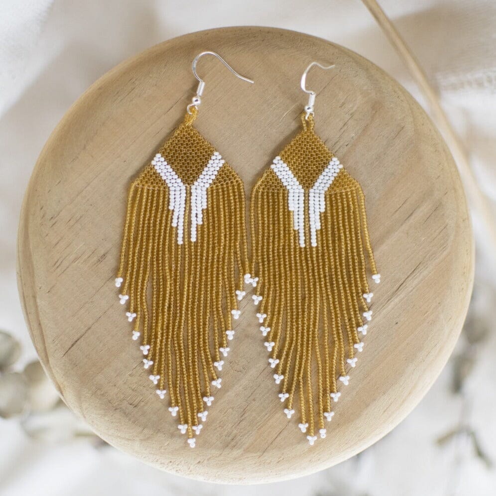 gold white micro fringe beaded earrings