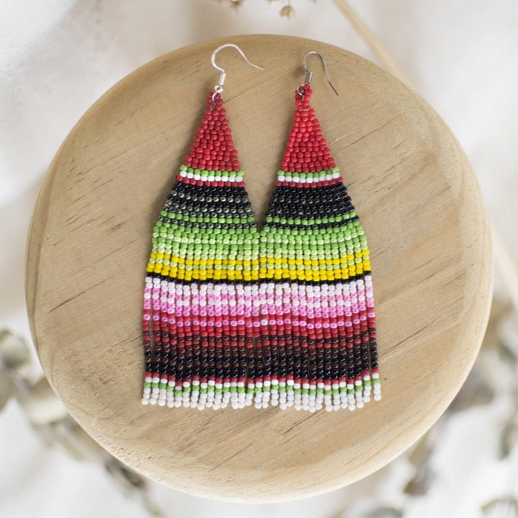 green red pink yellow white sarape fringe beaded earrings