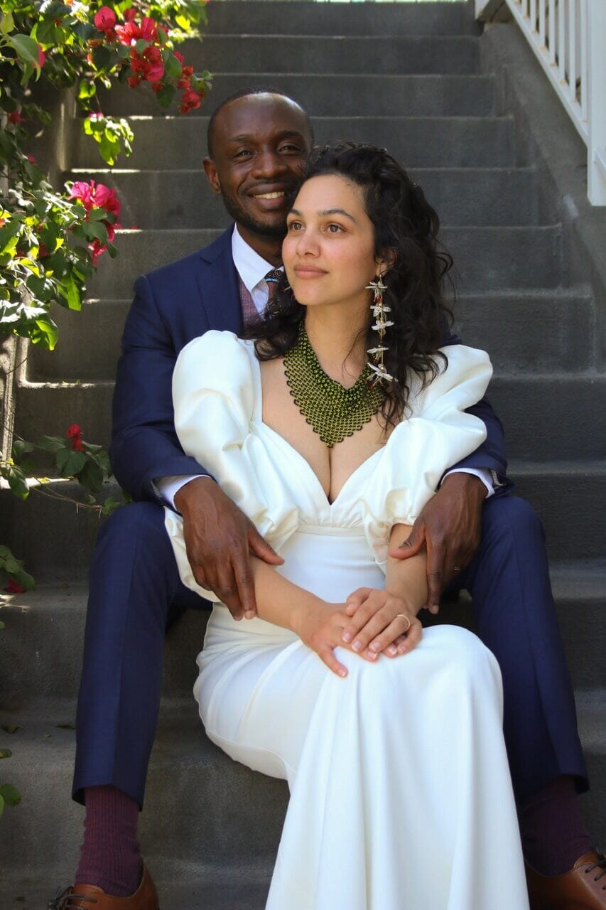 bride wearing seaweed green black beaded scarf choker necklace native american jewelry
