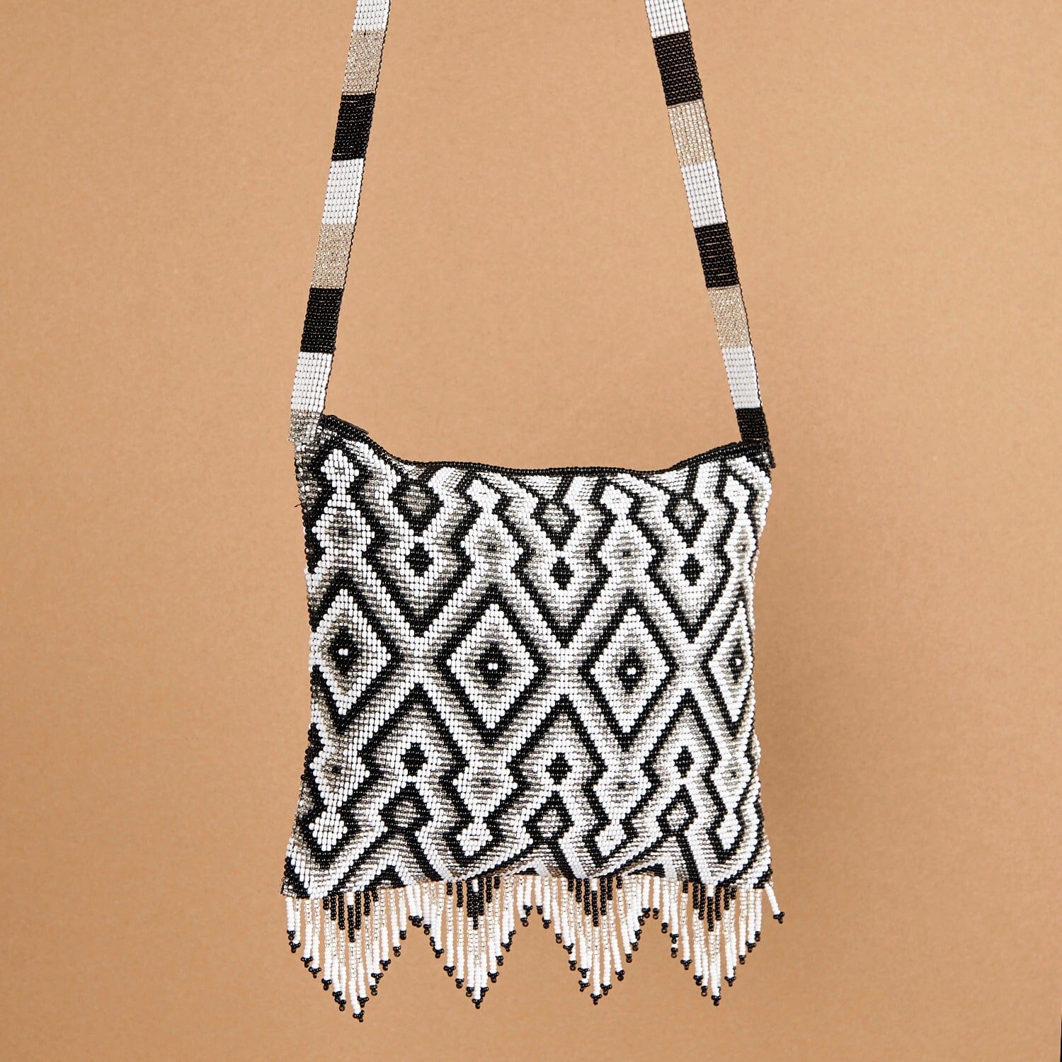 black white silver smoke mirrors beaded purse bag fringe