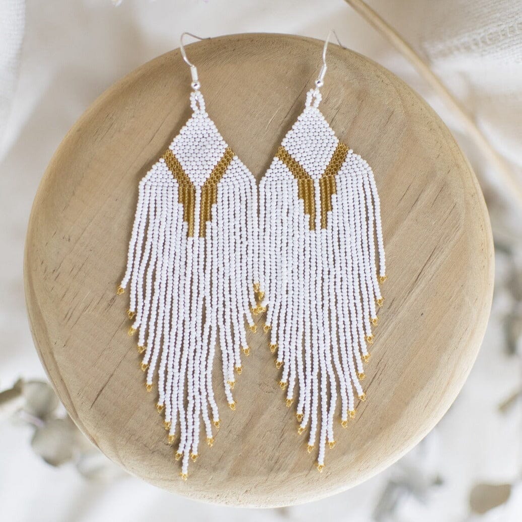 white gold snow owl fringe micro beaded earrings