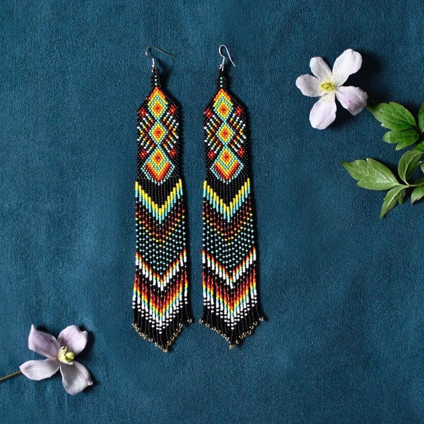 Long black yellow red fringe beaded earrings