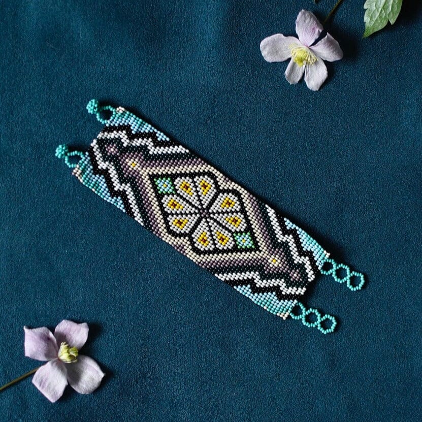 floral blue black white yellow beaded bracelet cuff