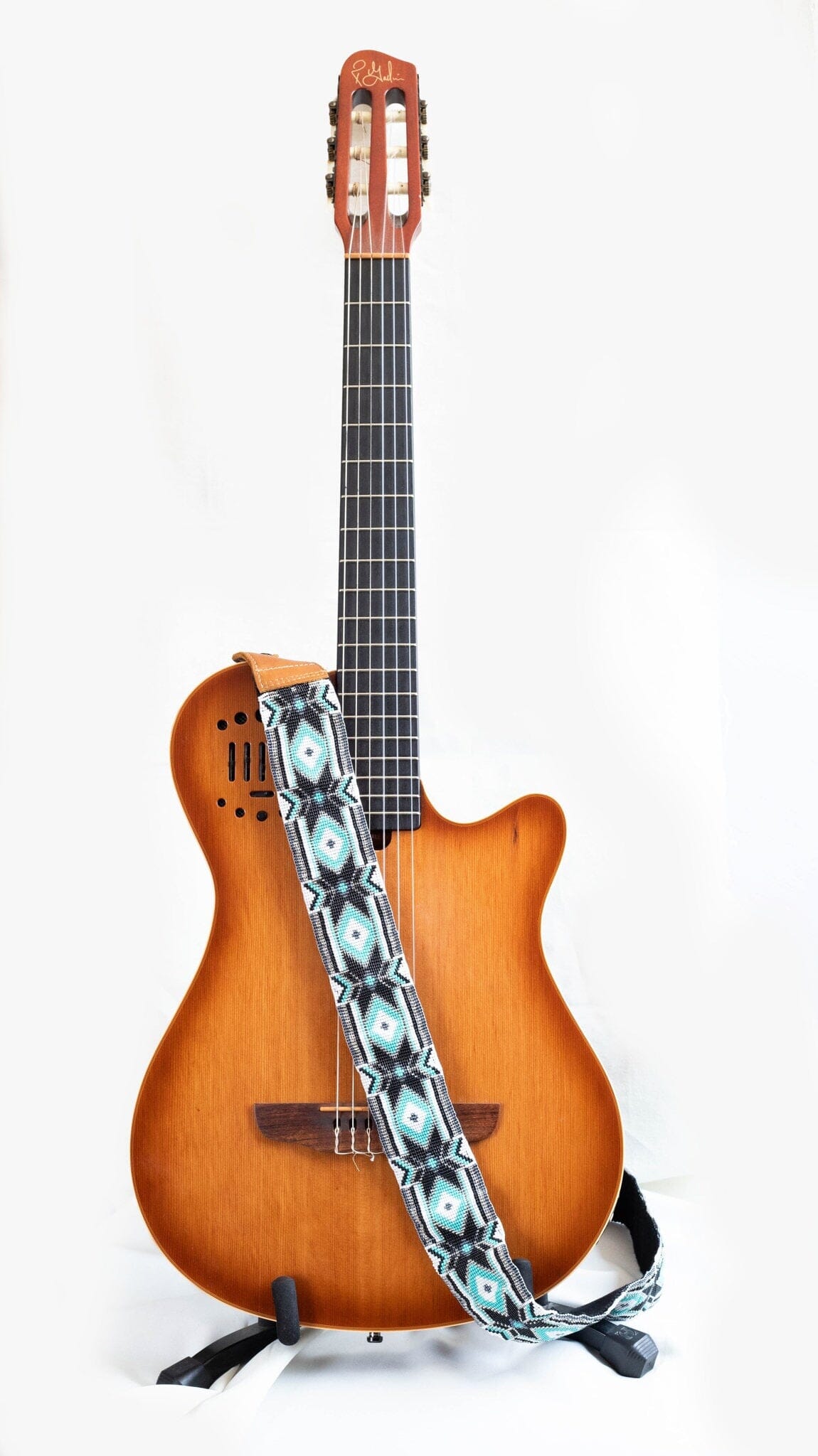 Super Nova beaded guitar strap white black teal silver adjustable leather on guitar