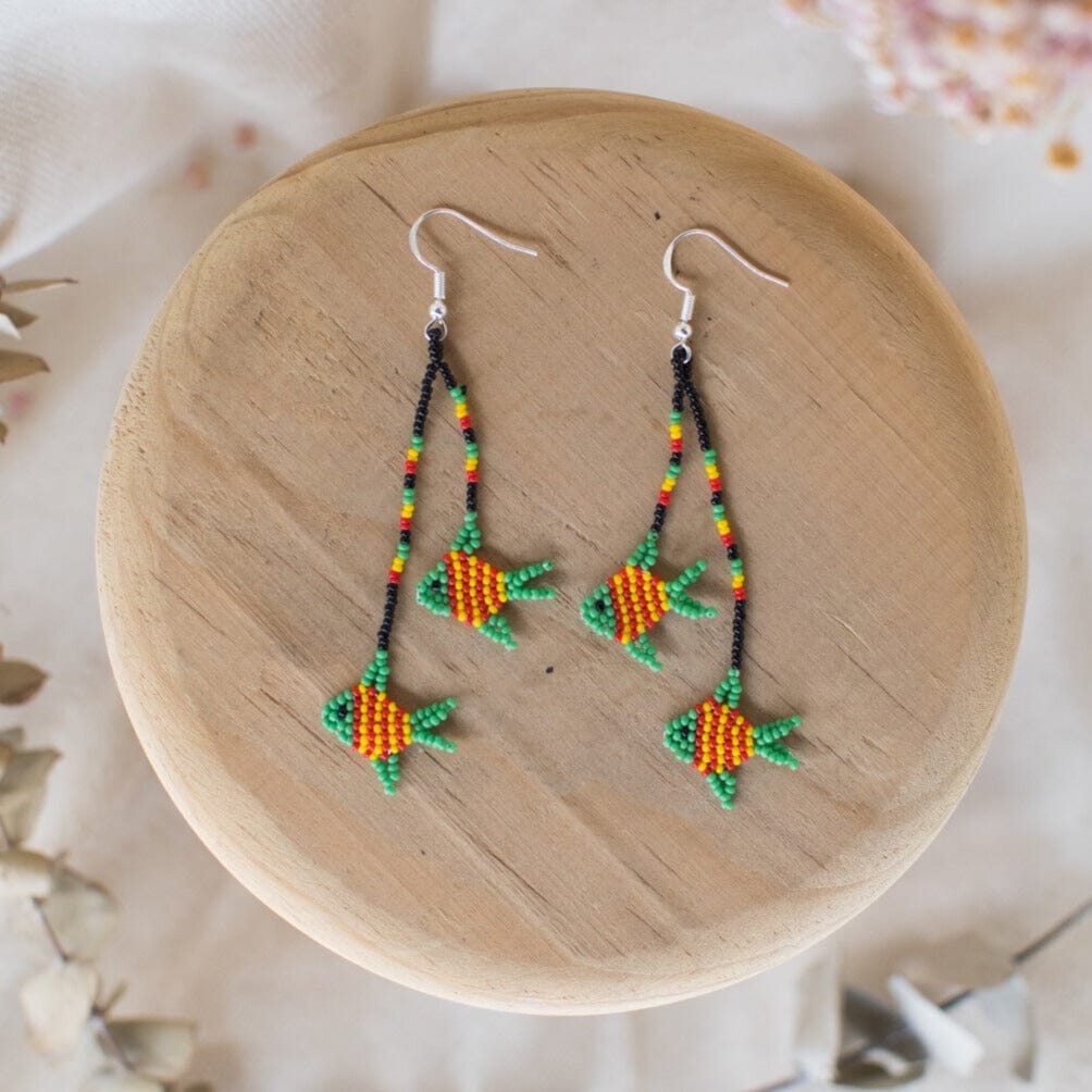 green yellow fish dangling beaded earrings