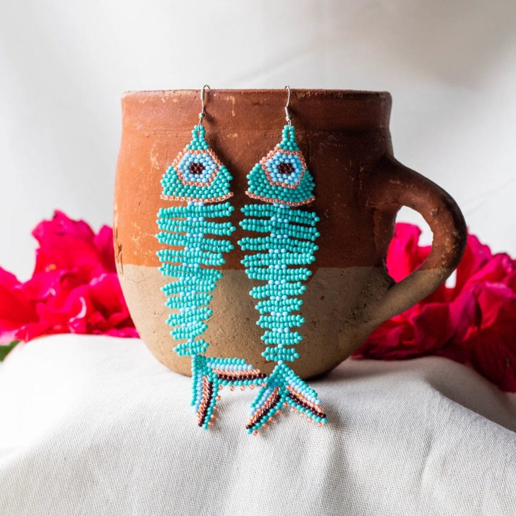 Tetra cyan fish skeleton fossil beaded earrings
