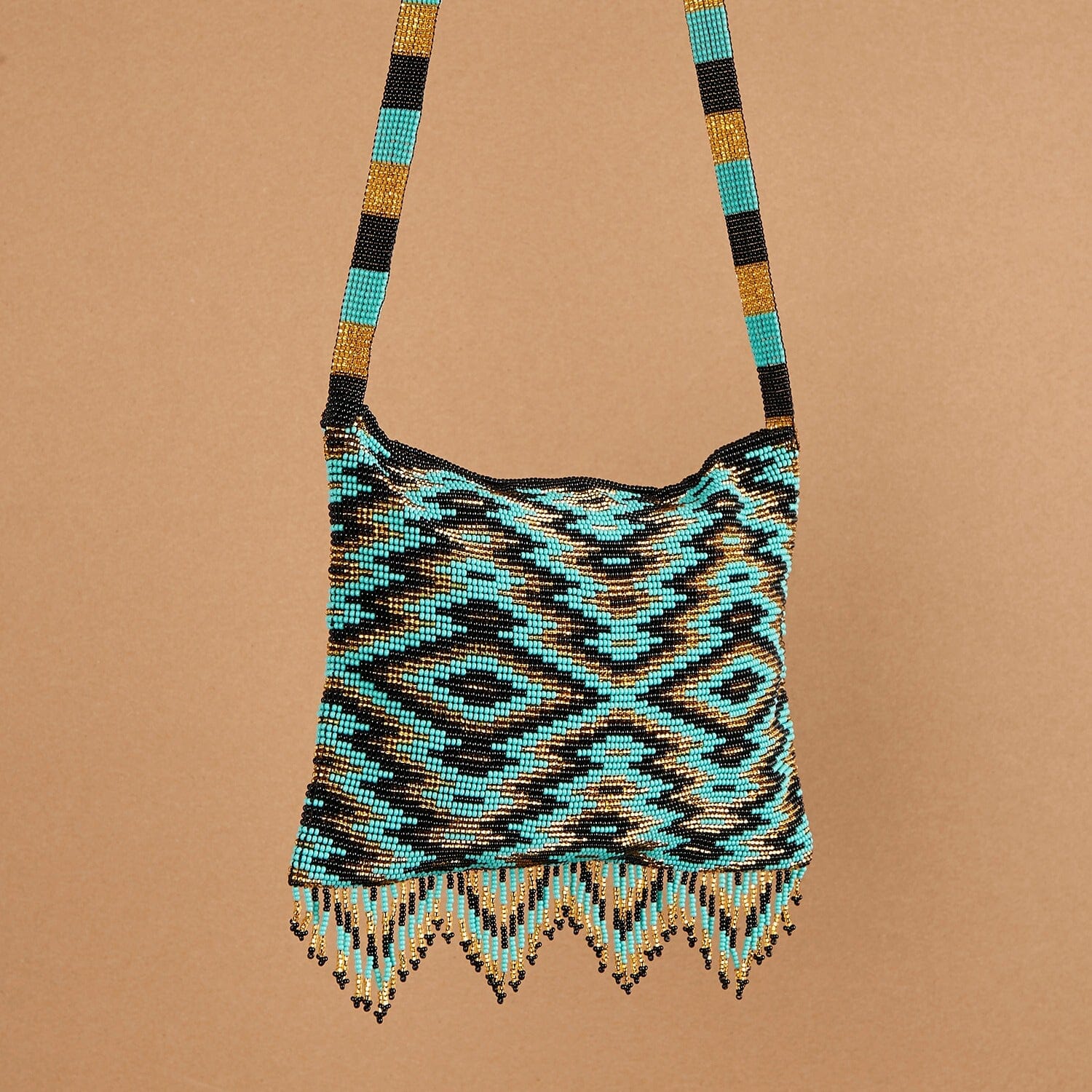 black teal gold tidal wave beaded purse bag fringe