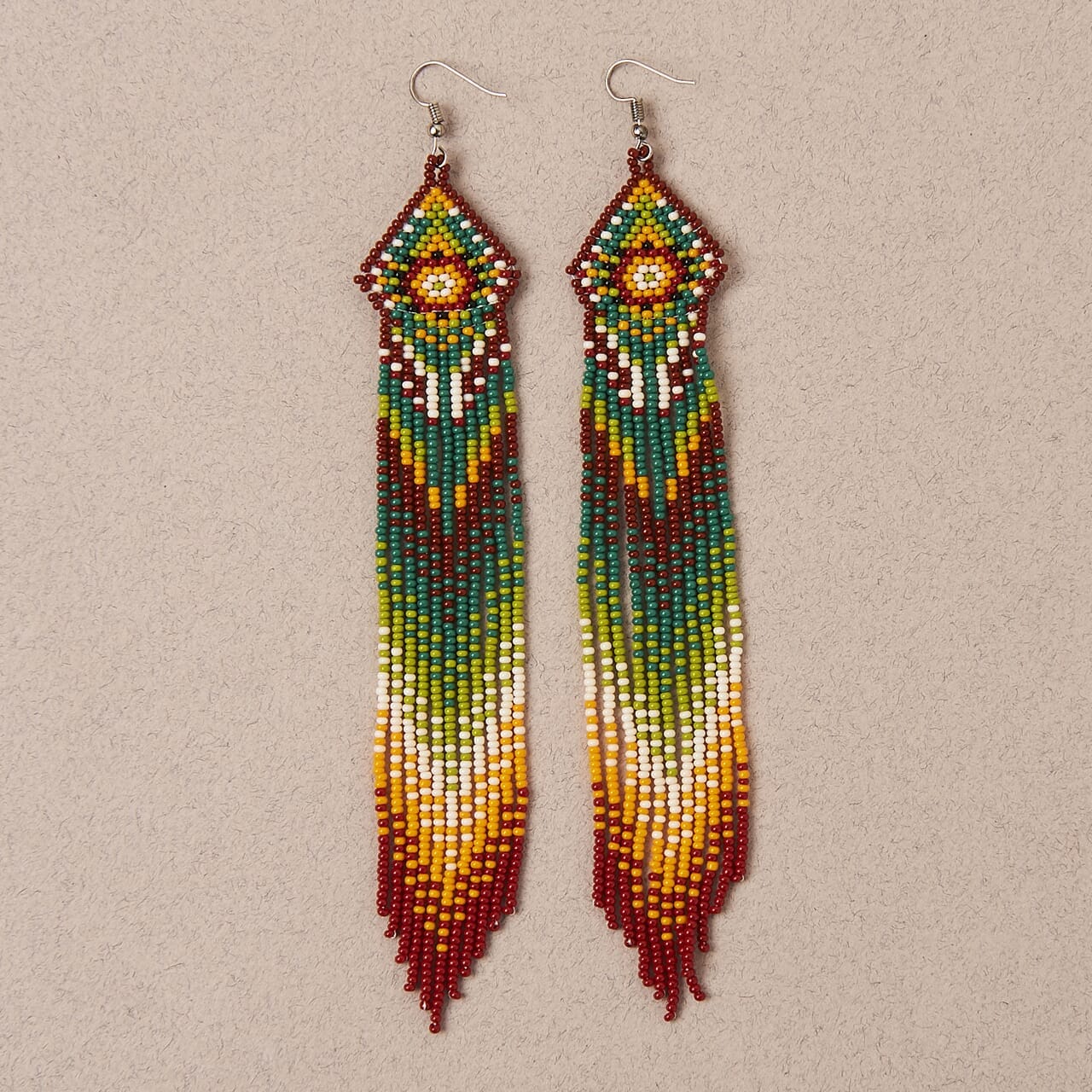 brown green yellow white fringe beaded earrings