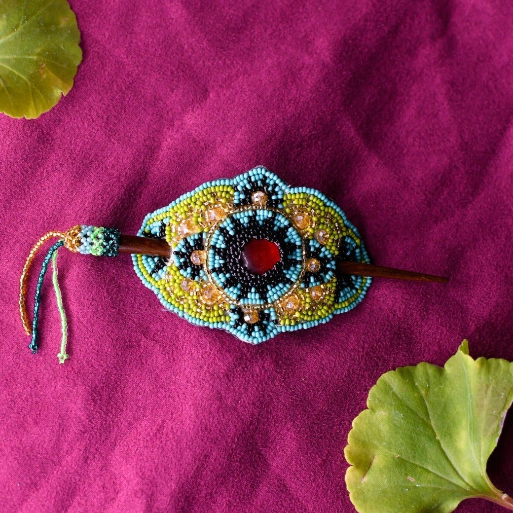 dragon girl teal green beaded hair barrette and pin statement piece native american jewelry