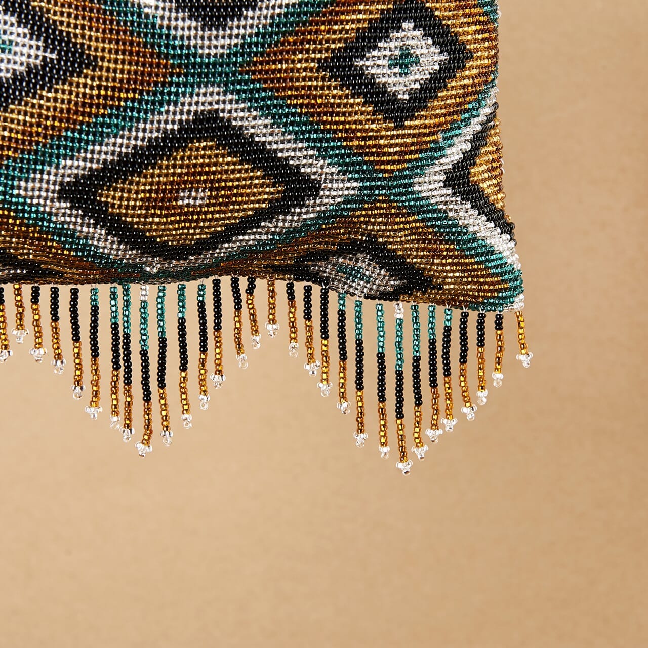 fringe closeup gold teal black silver diamond beaded purse bag fringe