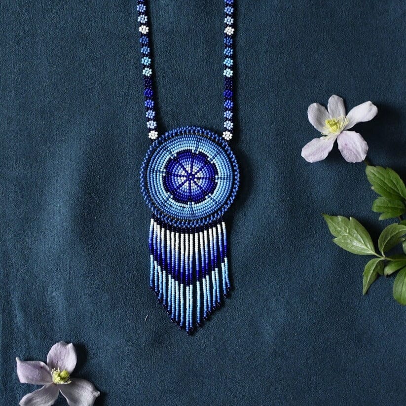 blue white water beaded necklace medicine bag native american jewelry