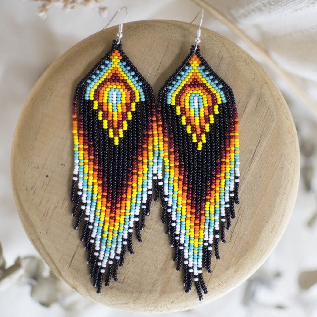 black fire teal white red icy hot fringe beaded earrings