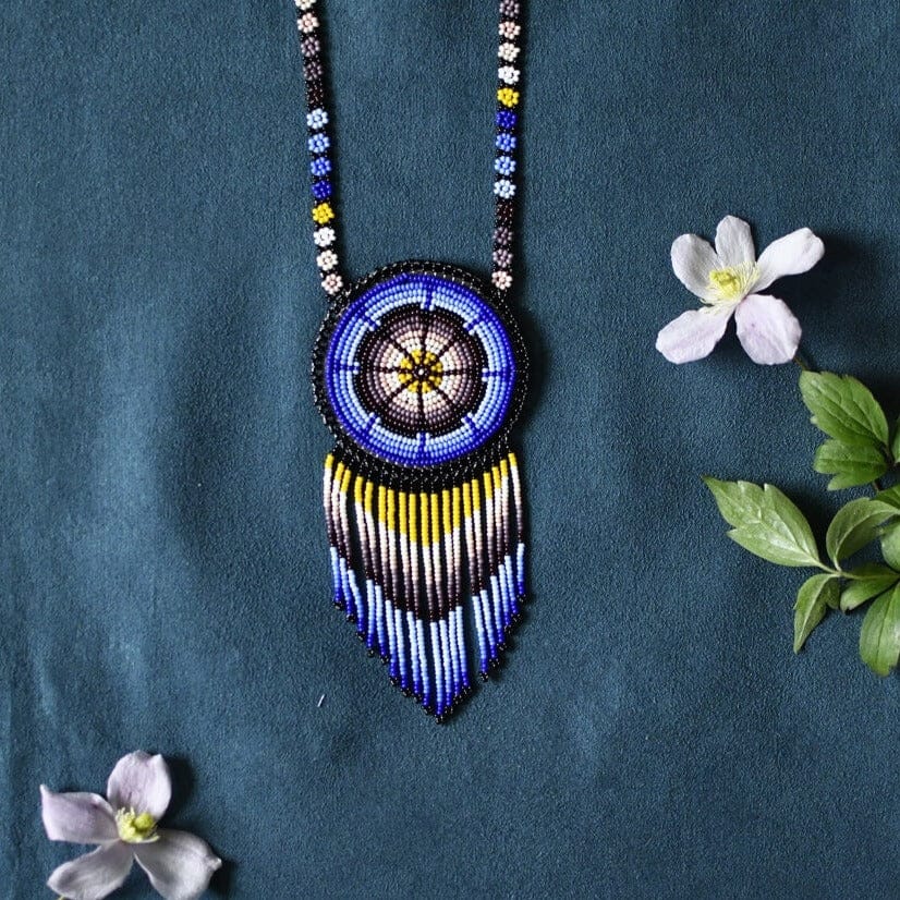 Handmade wind blue yellow white gray black beaded necklace medicine bag fringe