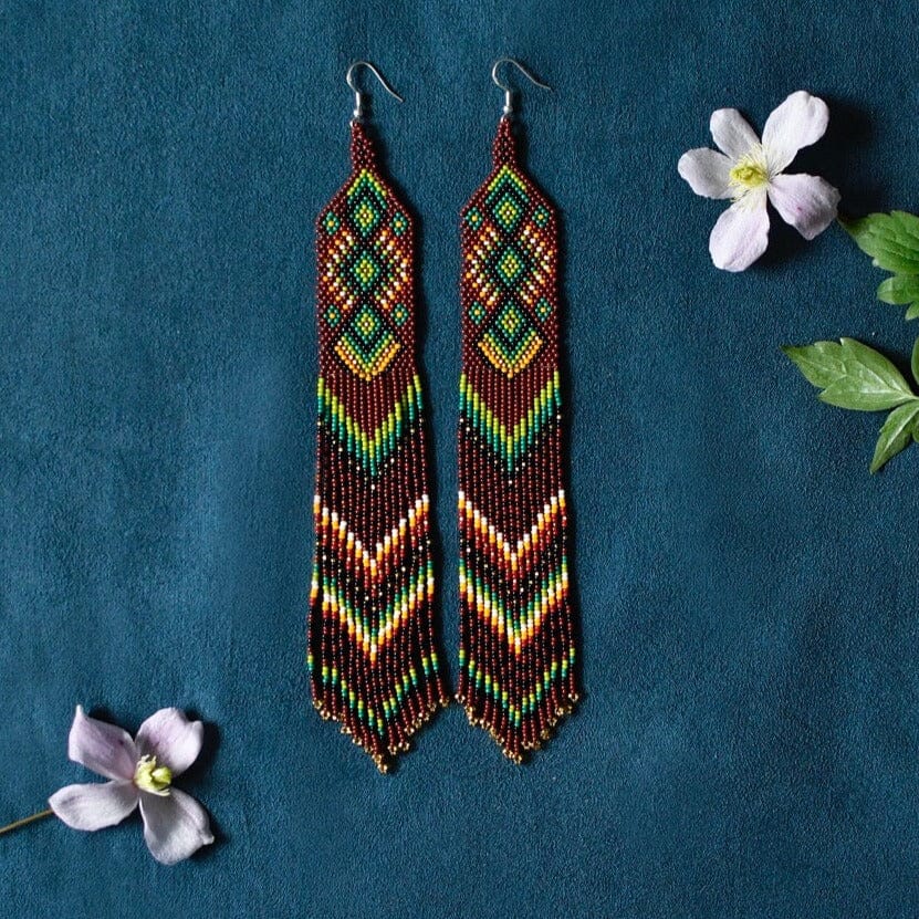 Long brown and green fringe beaded earrings