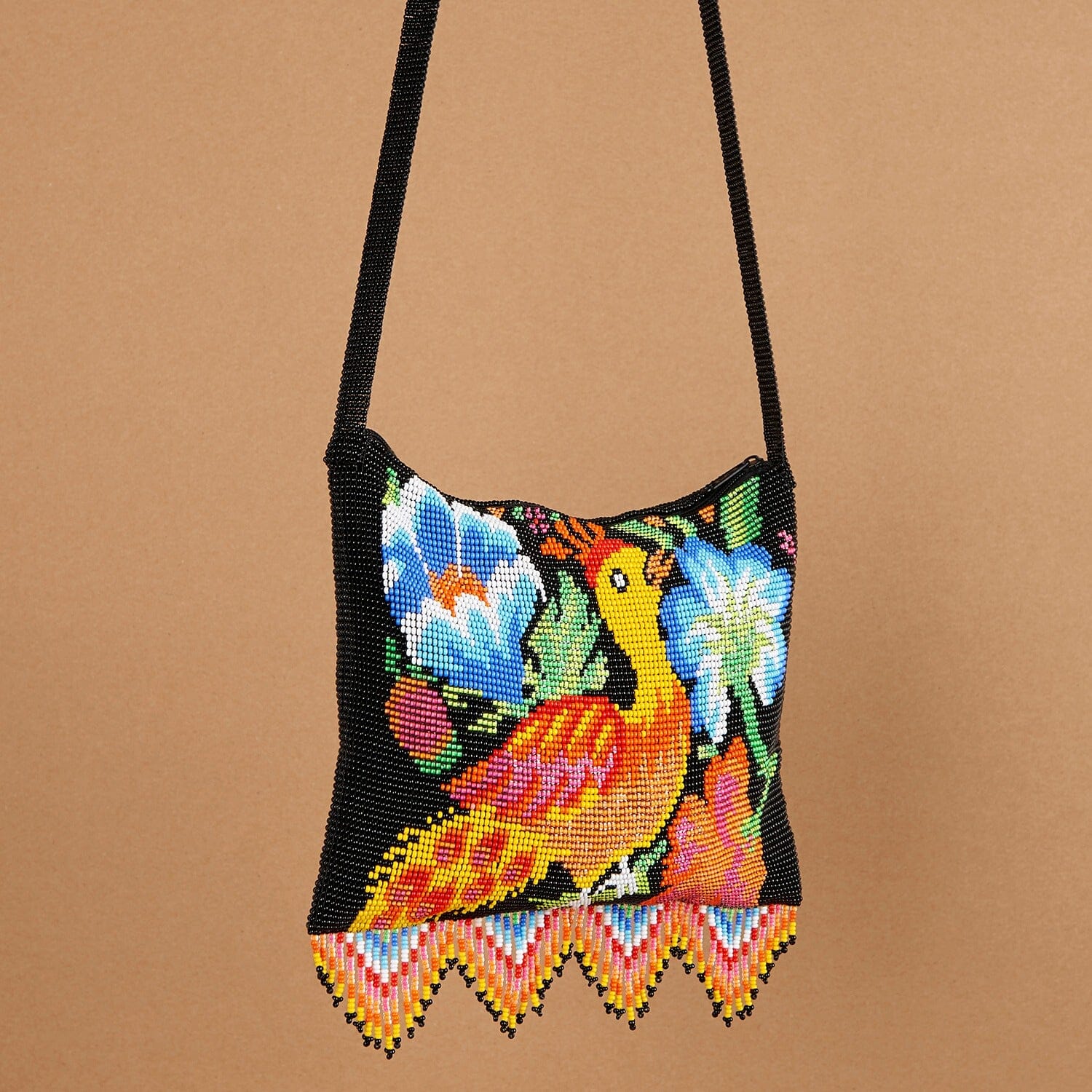 yellow canary Black, Yellow, Blue, Red, Orange, Green bird beaded purse bag fringe