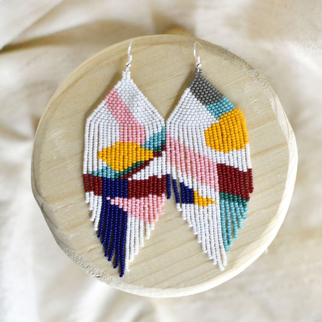 Abstract Reality beaded Earring white pink yellow teal red fringe handmade native american jewelry Mother Sierra 