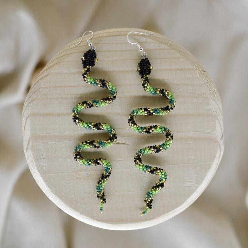 green black gold slithering snake beaded earrings