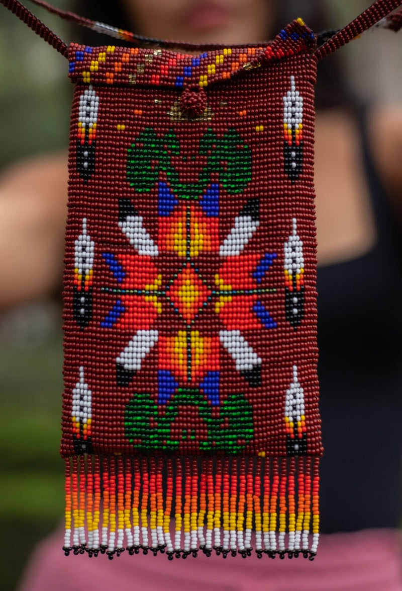 big bear brown orange red yellow white blue green beaded purse bag satchel fringe native american jewelry close up