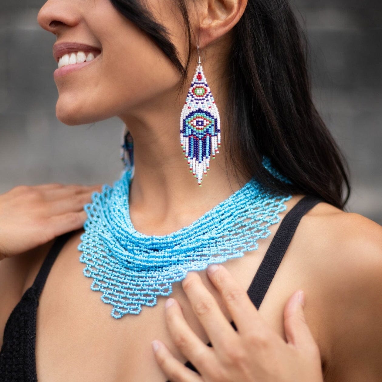 Blue Hamsa Earrings Mother Sierra - High-quality unique bead dangle earrings