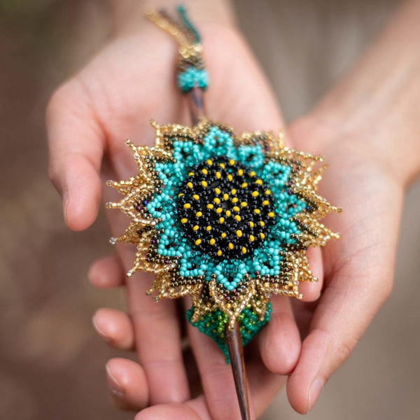blue sunflower gold green yellow beaded hair barrette and pin statement piece native american jewelry