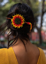 bright sunflower petal yellow red green beaded hair barrette hair piece native american jewelry in dark hair
