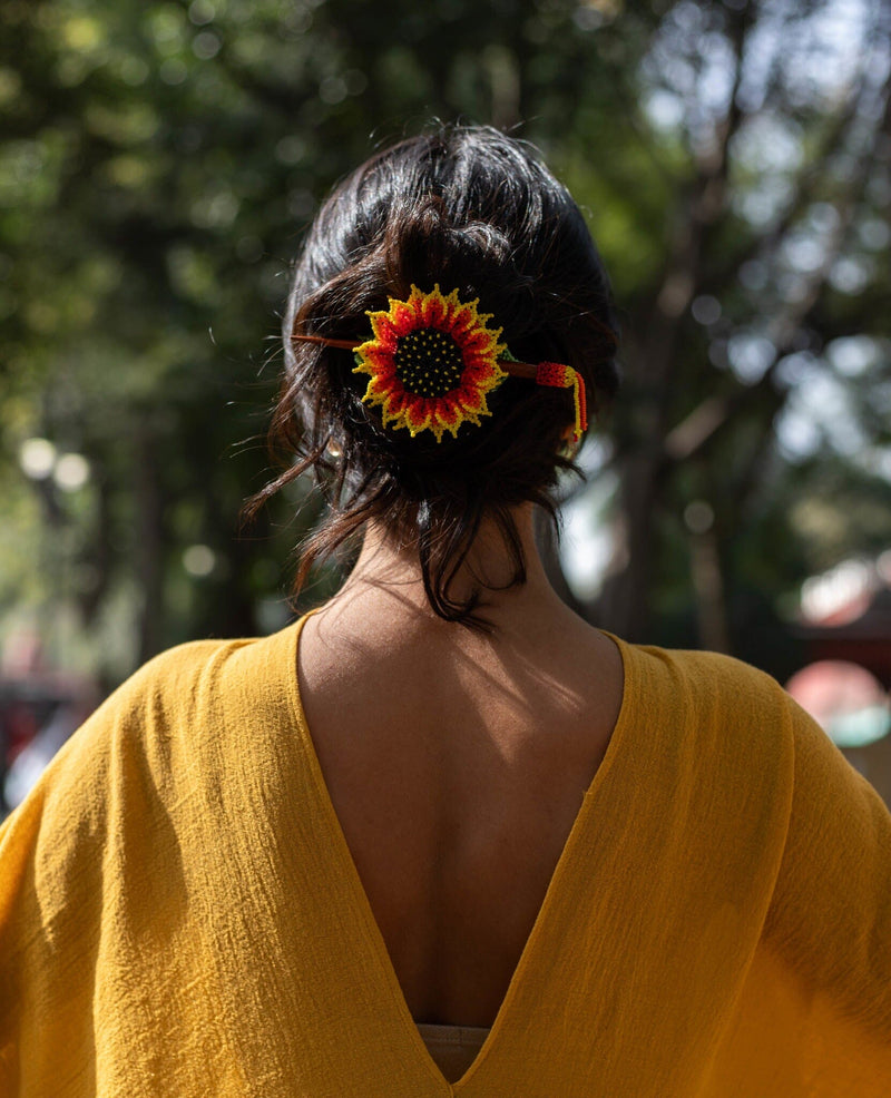 bright sunflower petal yellow red green beaded hair barrette hair piece native american jewelry in dark hair