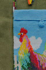 burrito gallo rooster beaded purse shoulder bag Blue, White, Red, Yellow, Green, Pink fringe  close up detail