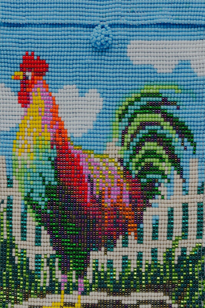 burrito gallo rooster beaded purse shoulder bag Blue, White, Red, Yellow, Green, Pink fringe  close up